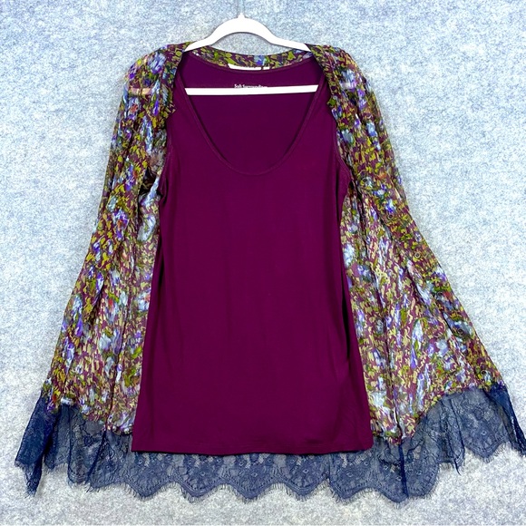 Soft Surroundings Layered Top Blouse Size M Burgundy Floral Sheer‎ Lace Trim - Picture 1 of 13